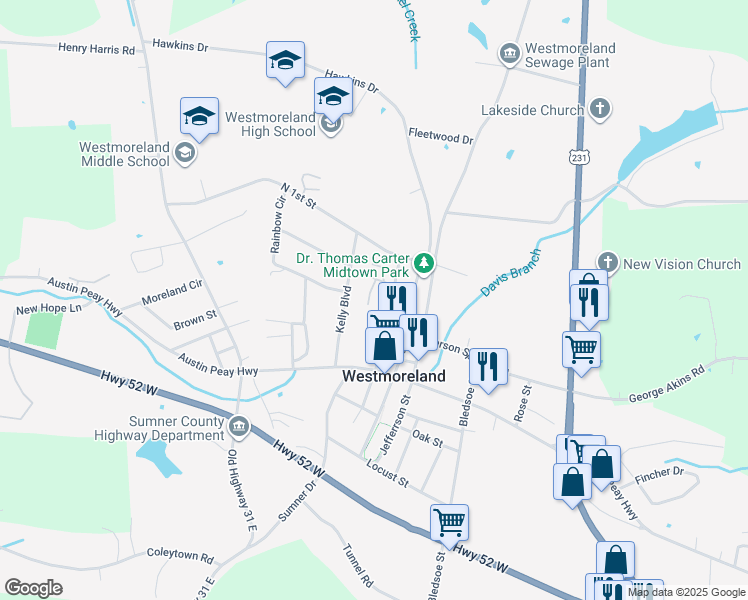 map of restaurants, bars, coffee shops, grocery stores, and more near 1120 Short Street in Westmoreland