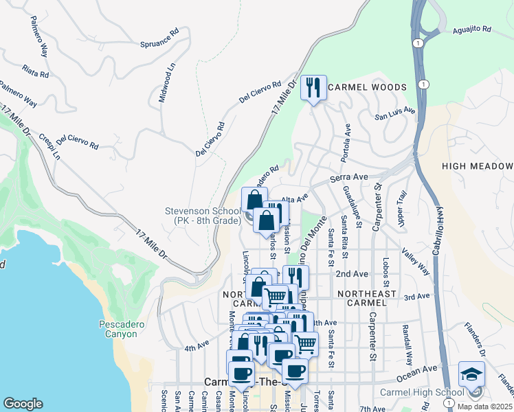 map of restaurants, bars, coffee shops, grocery stores, and more near 24730 Dolores Street in Carmel-by-the-Sea