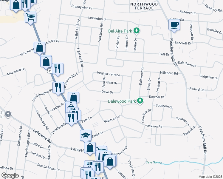 map of restaurants, bars, coffee shops, grocery stores, and more near 125 Dave Drive in Clarksville