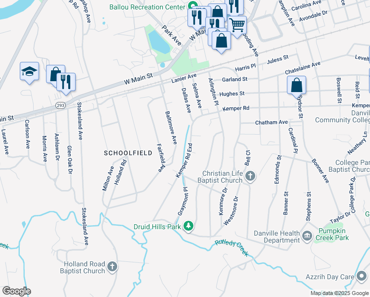 map of restaurants, bars, coffee shops, grocery stores, and more near 1230 Kemper Road in Danville