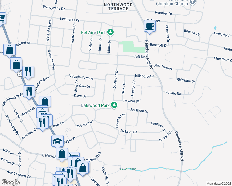 map of restaurants, bars, coffee shops, grocery stores, and more near 22 Dalewood Drive in Clarksville