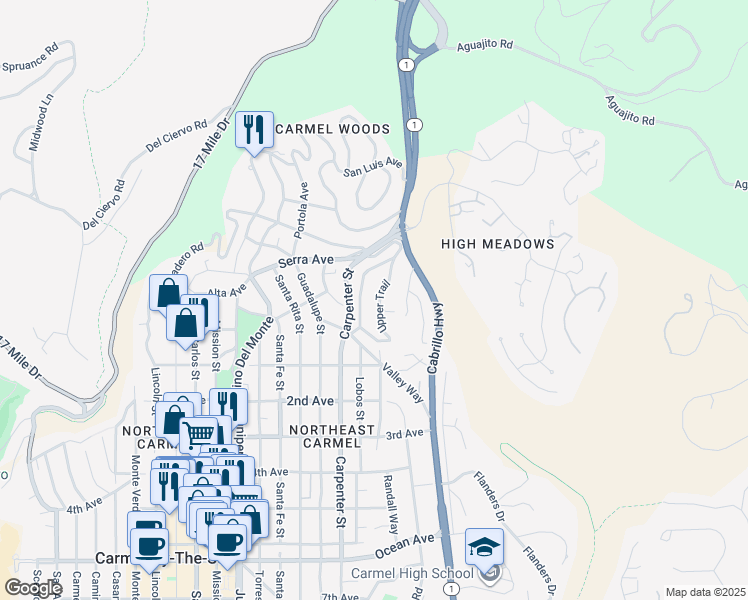 map of restaurants, bars, coffee shops, grocery stores, and more near 24690 Upper Trail in Carmel-by-the-Sea