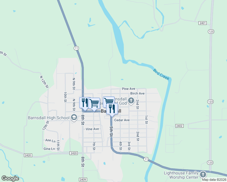 map of restaurants, bars, coffee shops, grocery stores, and more near 500 West Birch Avenue in Barnsdall