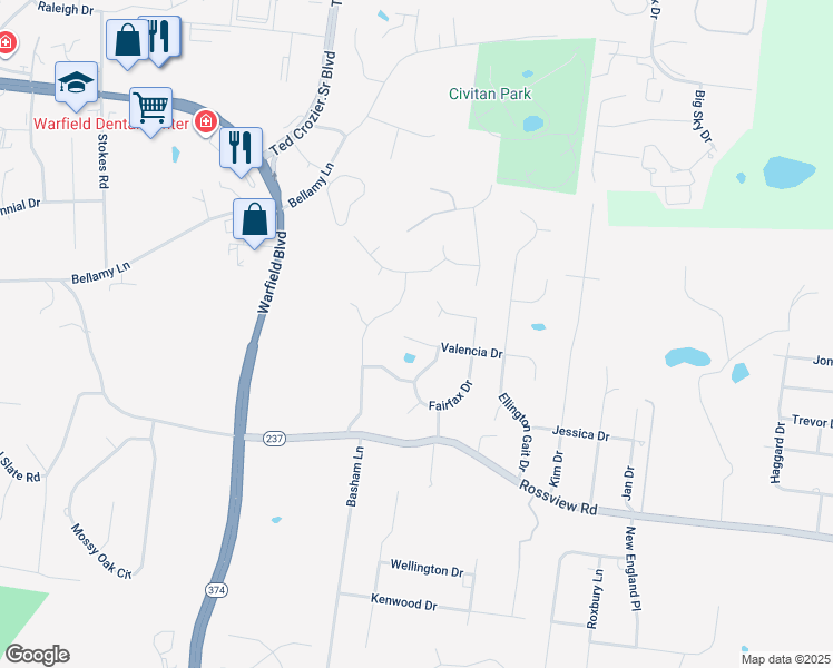 map of restaurants, bars, coffee shops, grocery stores, and more near 711 Valencia Drive in Clarksville