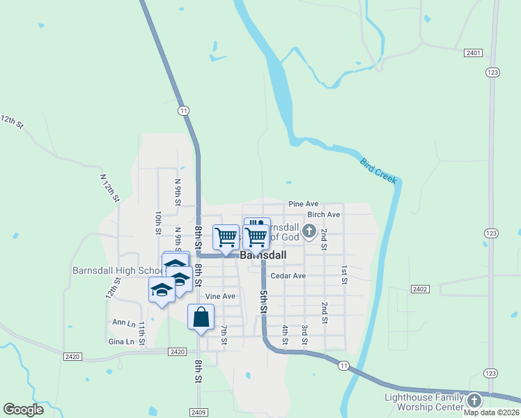 map of restaurants, bars, coffee shops, grocery stores, and more near 500 West Birch Avenue in Barnsdall