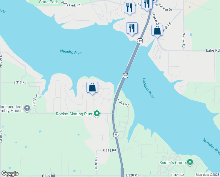 map of restaurants, bars, coffee shops, grocery stores, and more near 62181 East 313 Road in Grove