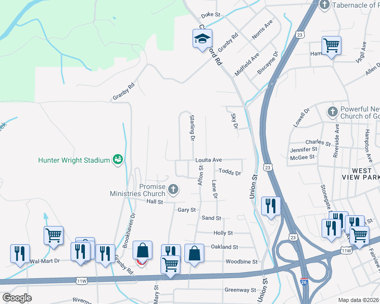 map of restaurants, bars, coffee shops, grocery stores, and more near 905 Starling Drive in Kingsport