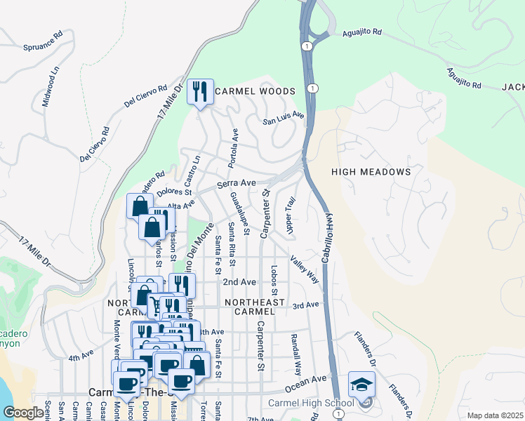 map of restaurants, bars, coffee shops, grocery stores, and more near 24715 Cabrillo Street in Carmel-by-the-Sea