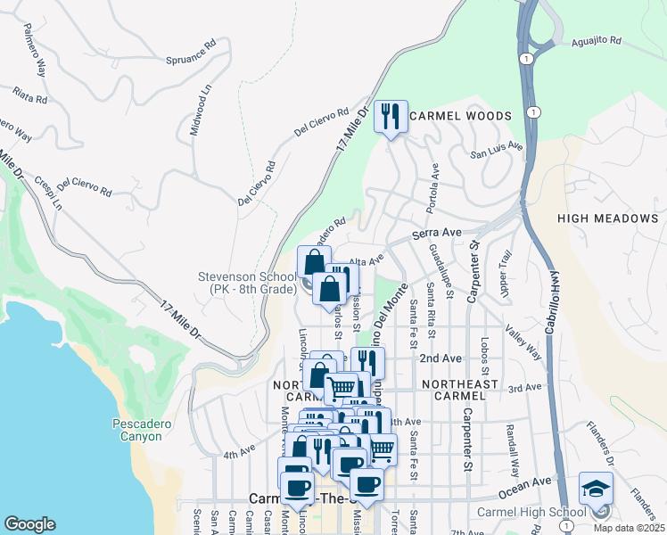 map of restaurants, bars, coffee shops, grocery stores, and more near 24728 San Carlos Street in Carmel-by-the-Sea