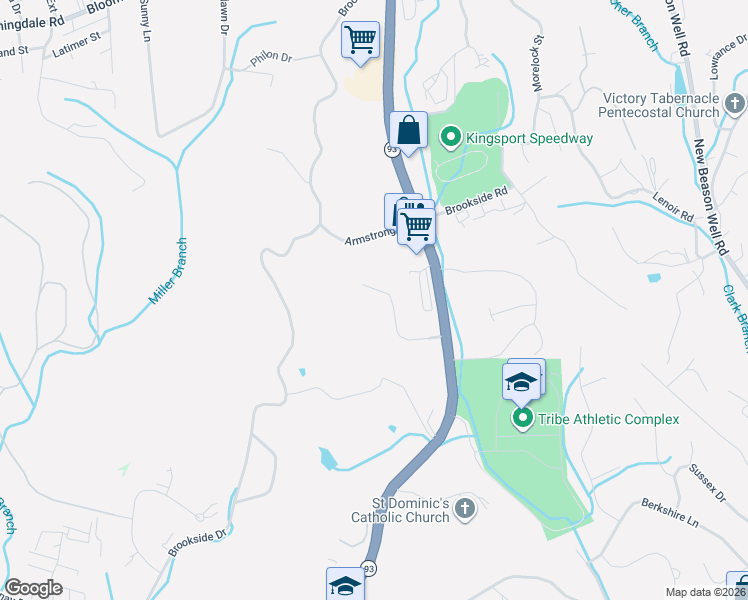 map of restaurants, bars, coffee shops, grocery stores, and more near 1033 Forrest Ridge Drive in Kingsport