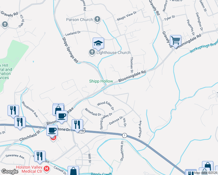map of restaurants, bars, coffee shops, grocery stores, and more near 1113 Bloomingdale Pike in Kingsport