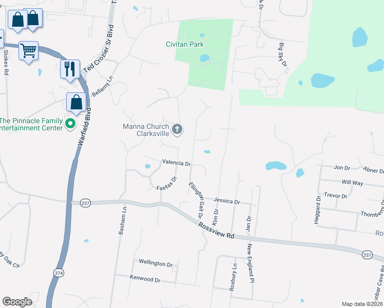 map of restaurants, bars, coffee shops, grocery stores, and more near 2235 Ellington Gait Drive in Clarksville
