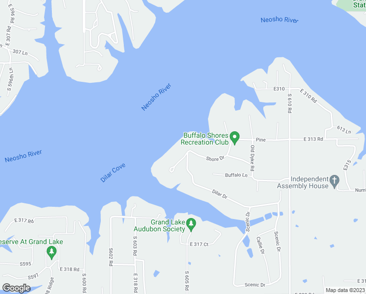 map of restaurants, bars, coffee shops, grocery stores, and more near 3124 Shore Drive in Grove