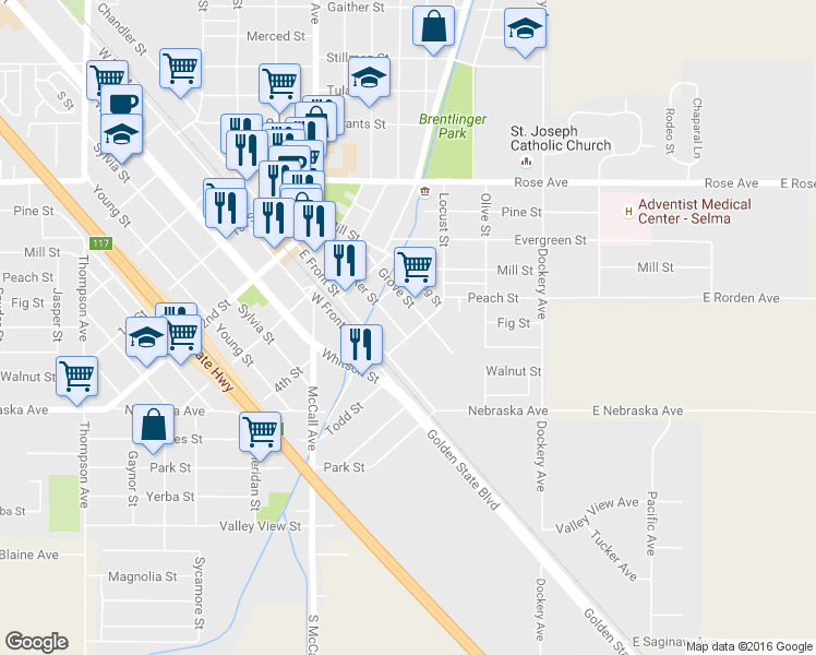 map of restaurants, bars, coffee shops, grocery stores, and more near 1404 Tucker Street in Selma