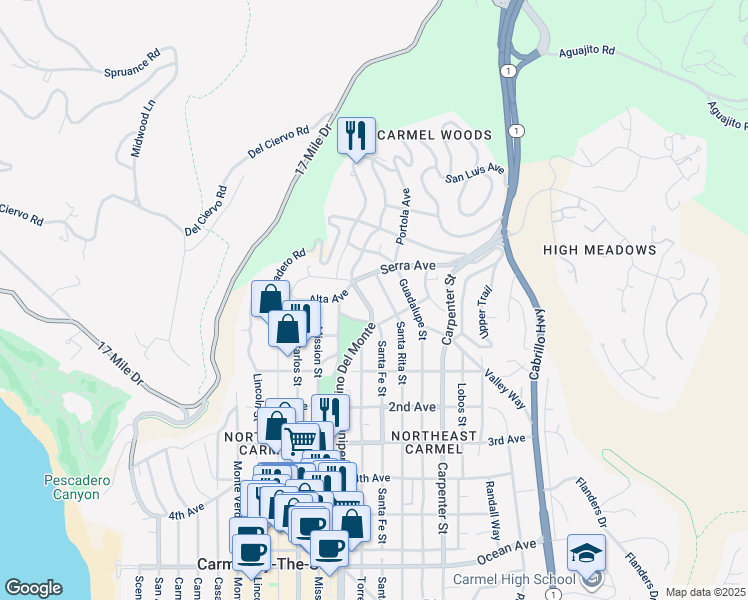 map of restaurants, bars, coffee shops, grocery stores, and more near 24703 Camino Del Monte in Carmel-by-the-Sea