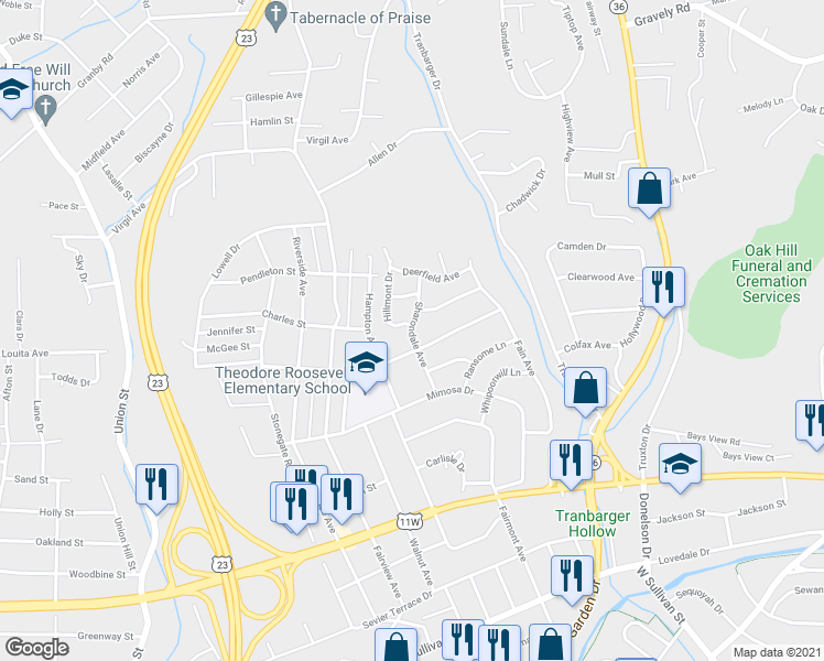 map of restaurants, bars, coffee shops, grocery stores, and more near 1104 Sharondale Avenue in Kingsport