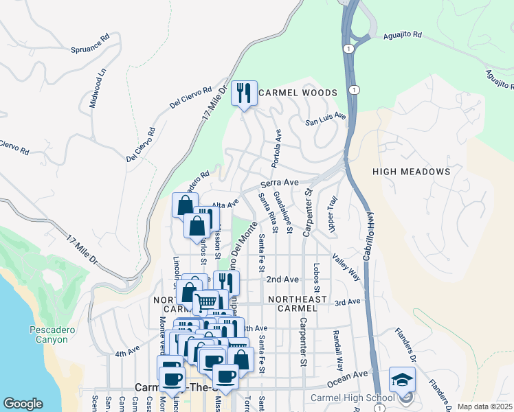 map of restaurants, bars, coffee shops, grocery stores, and more near 24703 Camino Del Monte in Carmel-by-the-Sea