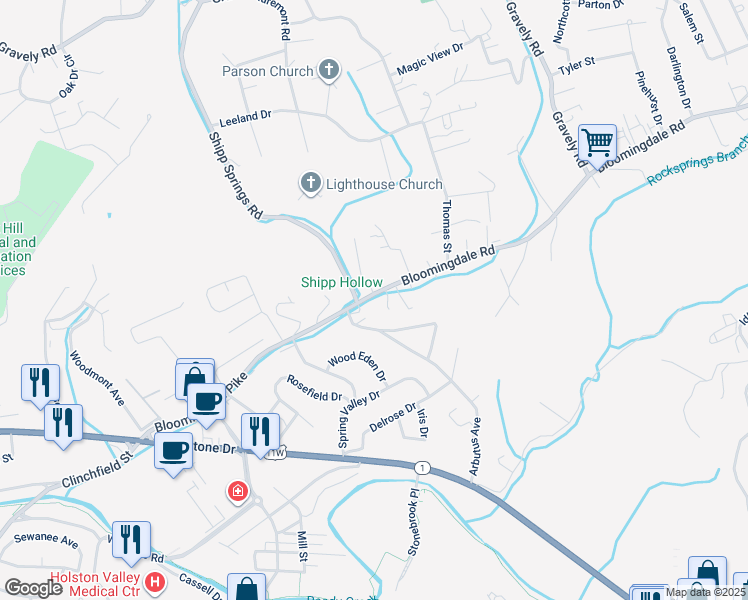 map of restaurants, bars, coffee shops, grocery stores, and more near 1121 Bloomingdale Pike in Kingsport