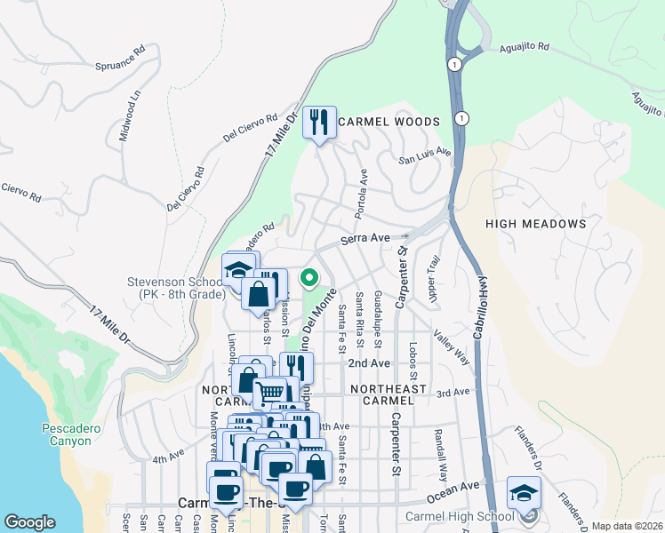 map of restaurants, bars, coffee shops, grocery stores, and more near 24697 Camino Del Monte in Carmel-by-the-Sea