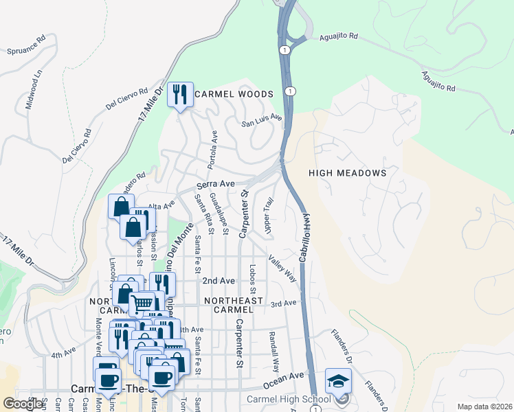 map of restaurants, bars, coffee shops, grocery stores, and more near 24690 Upper Trail in Carmel-by-the-Sea