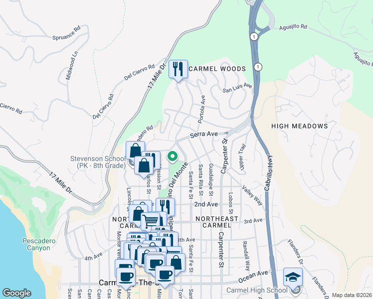 map of restaurants, bars, coffee shops, grocery stores, and more near 24697 Camino Del Monte in Carmel-by-the-Sea