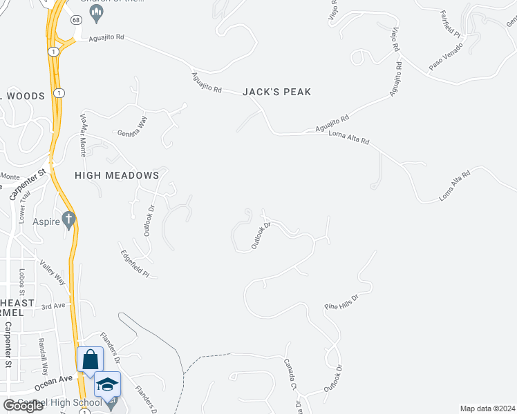 map of restaurants, bars, coffee shops, grocery stores, and more near 24725 Outlook Drive in Carmel-by-the-Sea