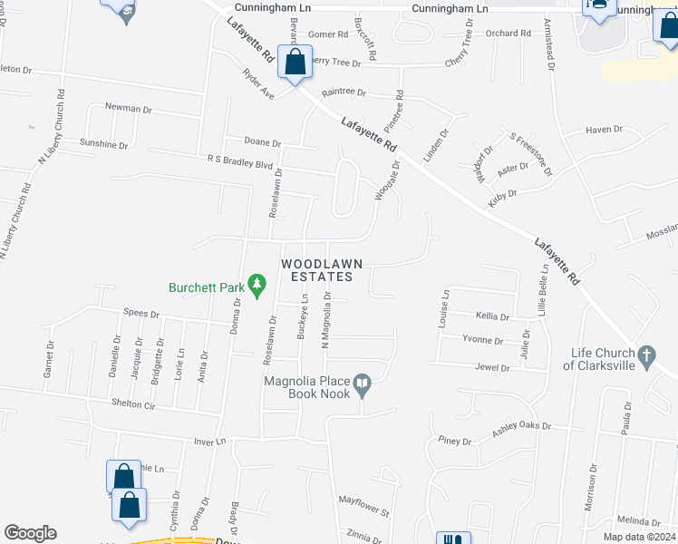 map of restaurants, bars, coffee shops, grocery stores, and more near 638 Woodhaven Drive in Clarksville