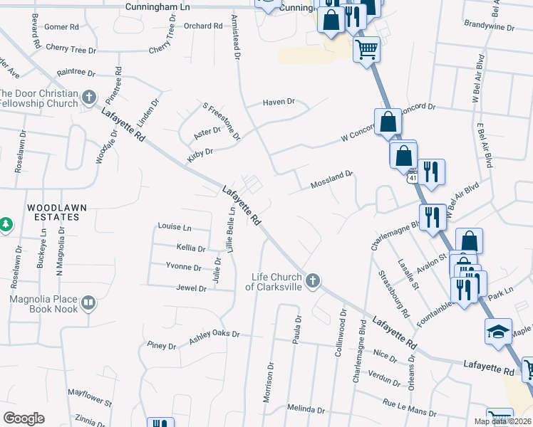 map of restaurants, bars, coffee shops, grocery stores, and more near 172 Cloe Court in Clarksville