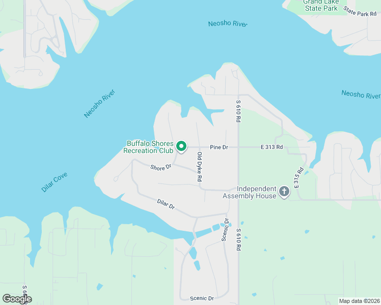 map of restaurants, bars, coffee shops, grocery stores, and more near 1626 Pine Drive in Grove
