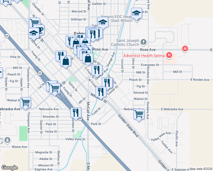 map of restaurants, bars, coffee shops, grocery stores, and more near 1441 Tucker Street in Selma