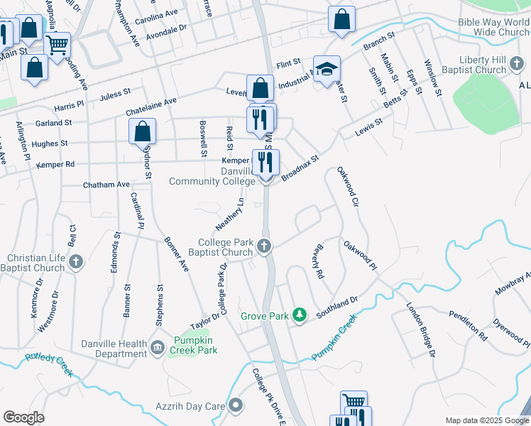 map of restaurants, bars, coffee shops, grocery stores, and more near 1070 South Main Street in Danville