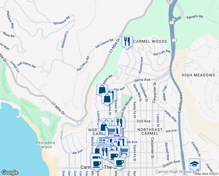 map of restaurants, bars, coffee shops, grocery stores, and more near 2915 Alta Avenue in Carmel-by-the-Sea