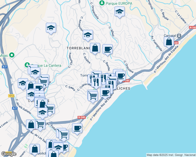 map of restaurants, bars, coffee shops, grocery stores, and more near 1-6 Calle Colina Blanca in Fuengirola