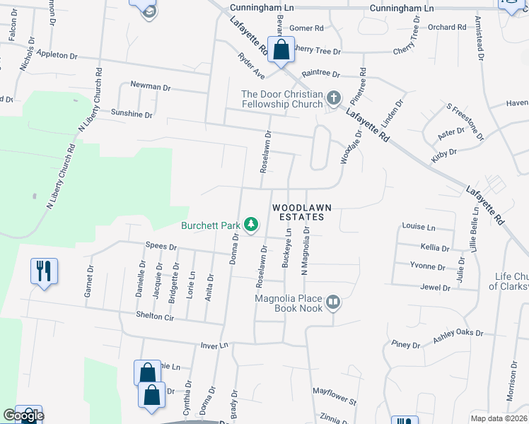 map of restaurants, bars, coffee shops, grocery stores, and more near 406 Roselawn Drive in Clarksville