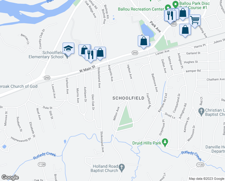 map of restaurants, bars, coffee shops, grocery stores, and more near 58 Augusta Avenue in Danville