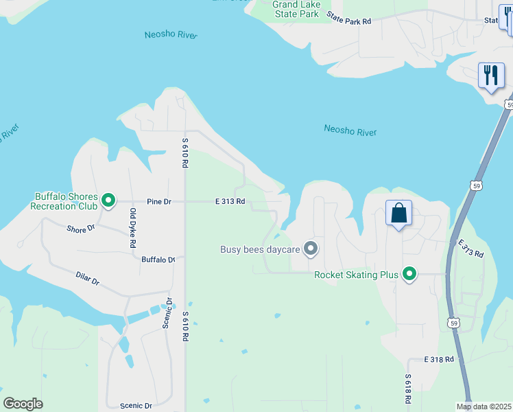 map of restaurants, bars, coffee shops, grocery stores, and more near 61310 East 313 Road in Grove