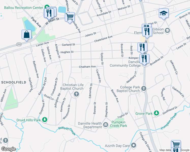 map of restaurants, bars, coffee shops, grocery stores, and more near 656 Cardinal Place in Danville