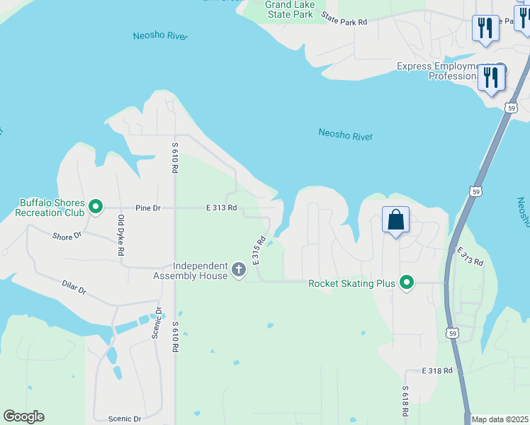 map of restaurants, bars, coffee shops, grocery stores, and more near 61310 East 313 Road in Grove