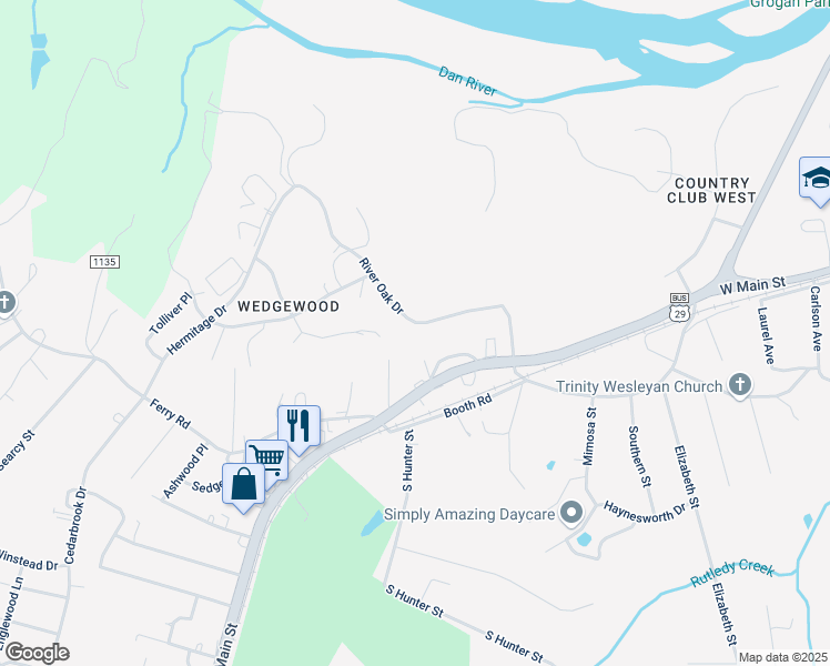 map of restaurants, bars, coffee shops, grocery stores, and more near 249 River Oak Drive in Danville