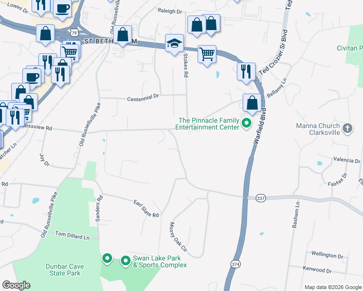 map of restaurants, bars, coffee shops, grocery stores, and more near 340 Rossview Road in Clarksville