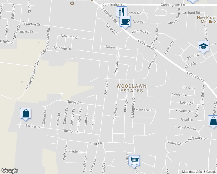 map of restaurants, bars, coffee shops, grocery stores, and more near 407 Donna Drive in Clarksville