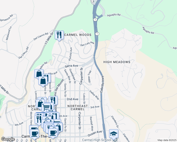 map of restaurants, bars, coffee shops, grocery stores, and more near 24690 Upper Trail in Carmel-by-the-Sea