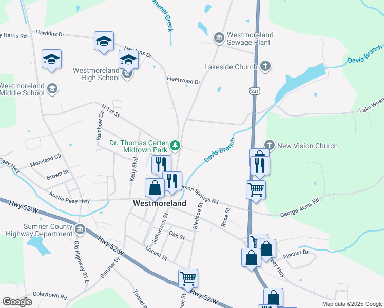 map of restaurants, bars, coffee shops, grocery stores, and more near 1118 Pleasant Grove Road in Westmoreland