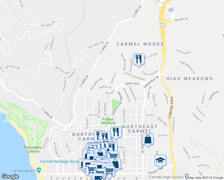 map of restaurants, bars, coffee shops, grocery stores, and more near 3025 Alta Avenue in Carmel