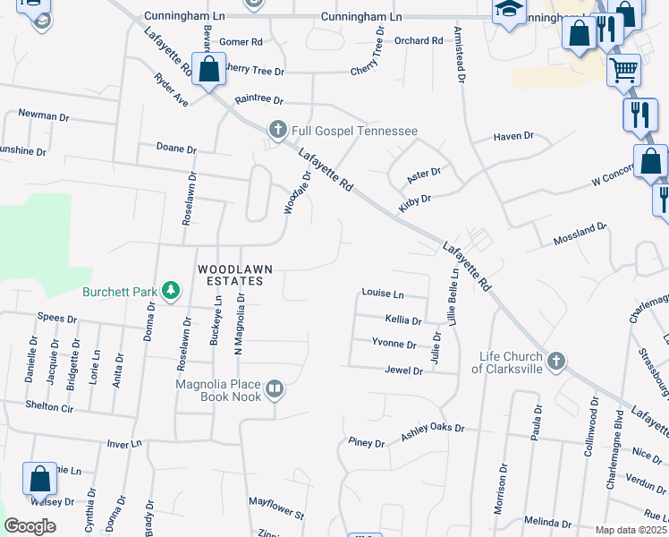 map of restaurants, bars, coffee shops, grocery stores, and more near 608 Woodhaven Drive in Clarksville