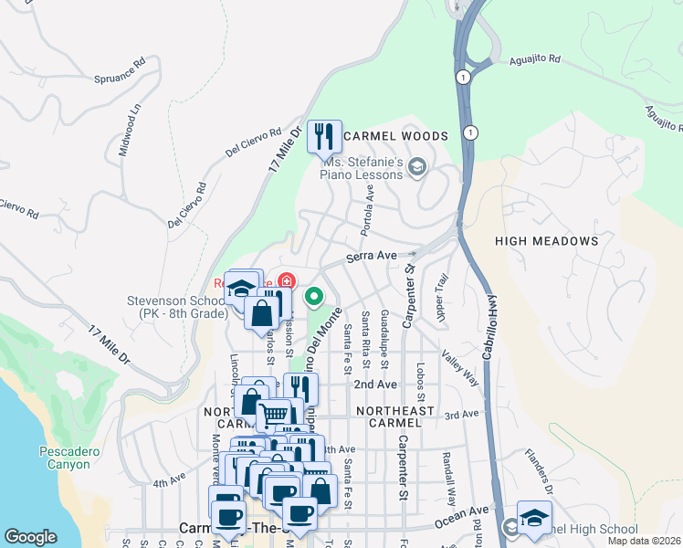 map of restaurants, bars, coffee shops, grocery stores, and more near 24658 Santa Rita Street in Carmel