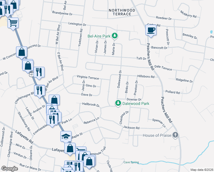 map of restaurants, bars, coffee shops, grocery stores, and more near 34 Virginia Terrace in Clarksville