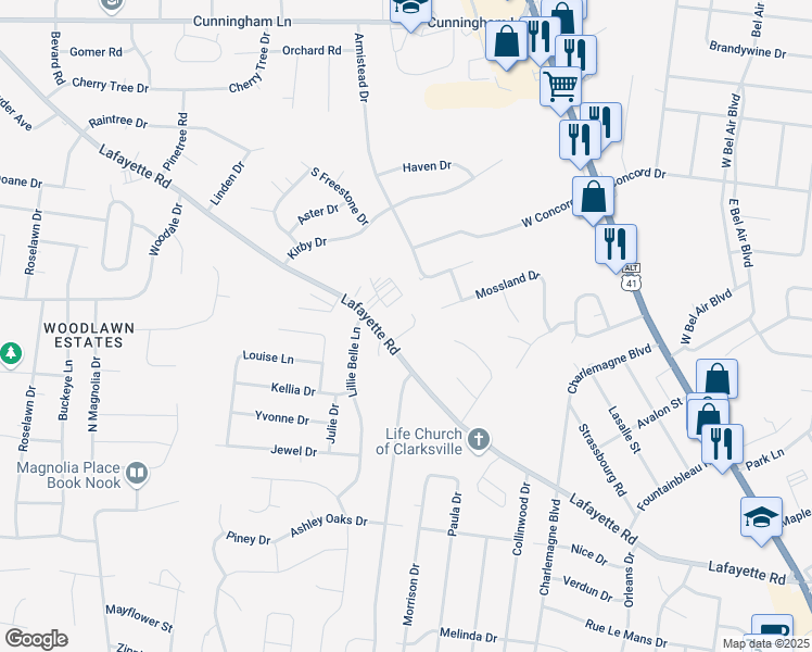 map of restaurants, bars, coffee shops, grocery stores, and more near 167 Cloe Court in Clarksville