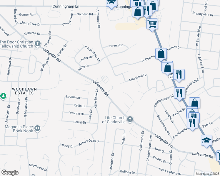 map of restaurants, bars, coffee shops, grocery stores, and more near 167 Cloe Court in Clarksville