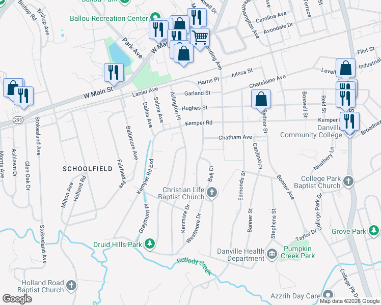 map of restaurants, bars, coffee shops, grocery stores, and more near 507 Arlington Road in Danville